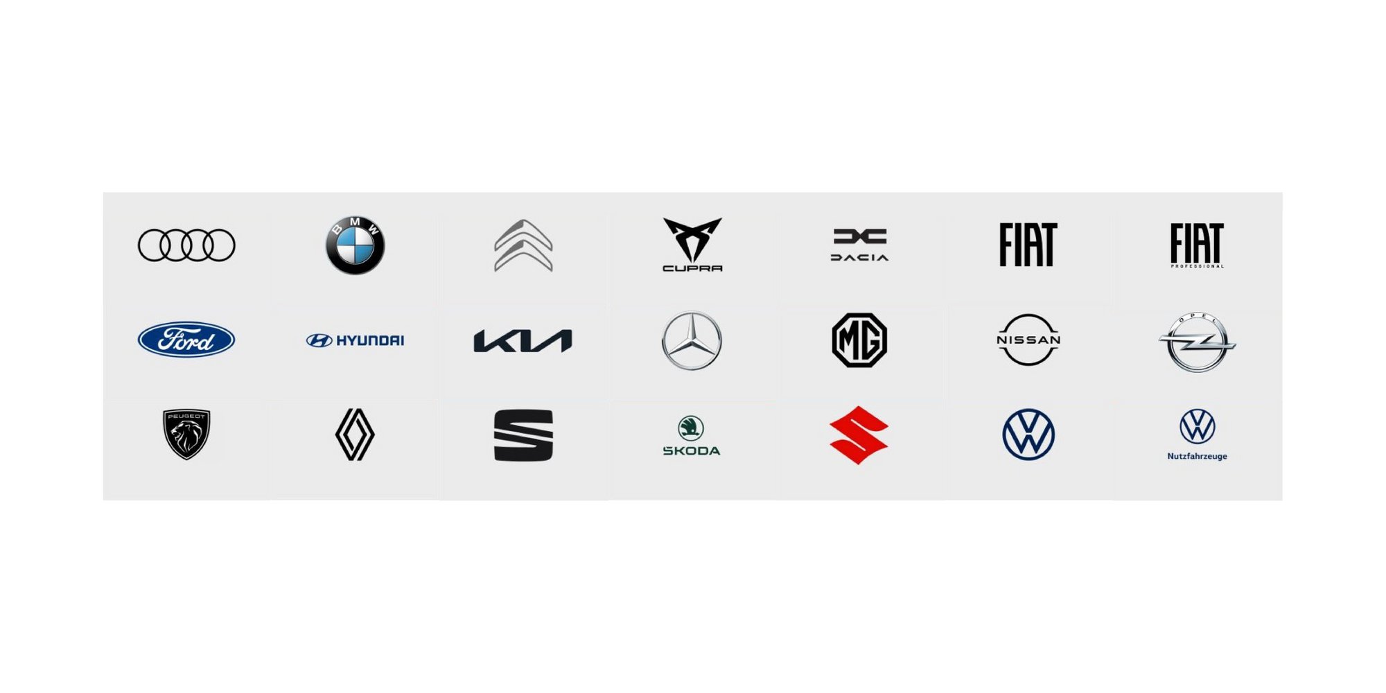 Logos von 21 Automarken, darunter Audi, BMW, Mercedes und VW.